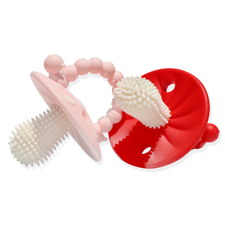 Razberry Teether - Chompy Mushroom Silicone Teether 2PK - Red & Pink