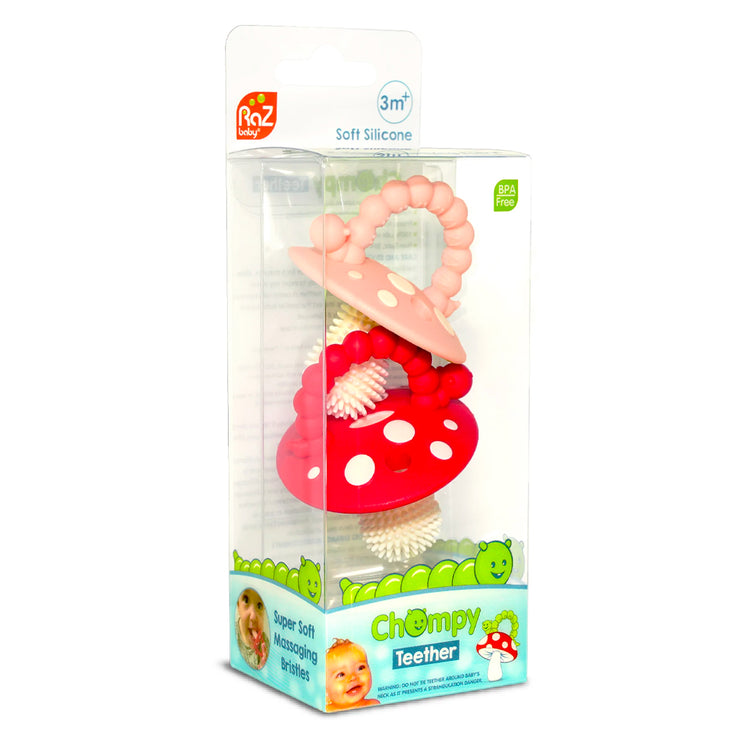 Razberry Teether - Chompy Mushroom Silicone Teether 2PK - Red & Pink