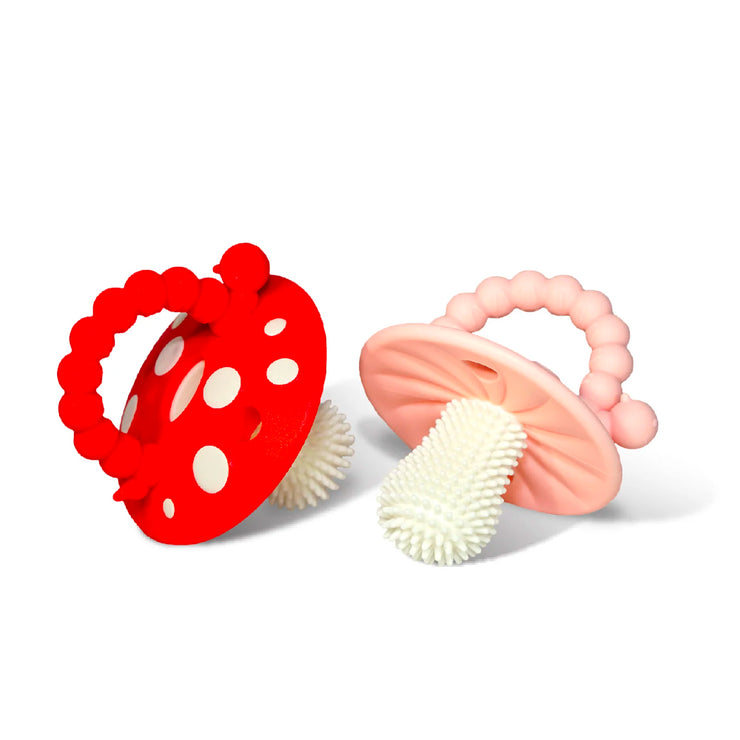 Razberry Teether - Chompy Mushroom Silicone Teether 2PK - Red & Pink